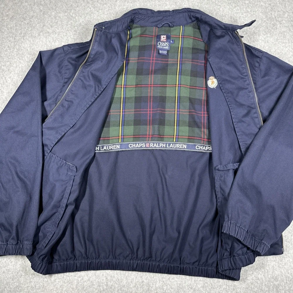 Vintage Chaps Ralph Lauren XL Harrington Jacket Navy Blue Crest Logo Plaid Lined